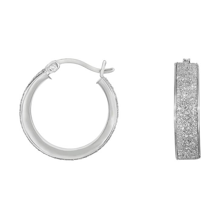 Silver with Rhodium Finish 4.9X15mm Shiny+Diamond Cut Sparkle Round Hoop Earring with Hinge Clasp for wholesale by The Diamond Deal