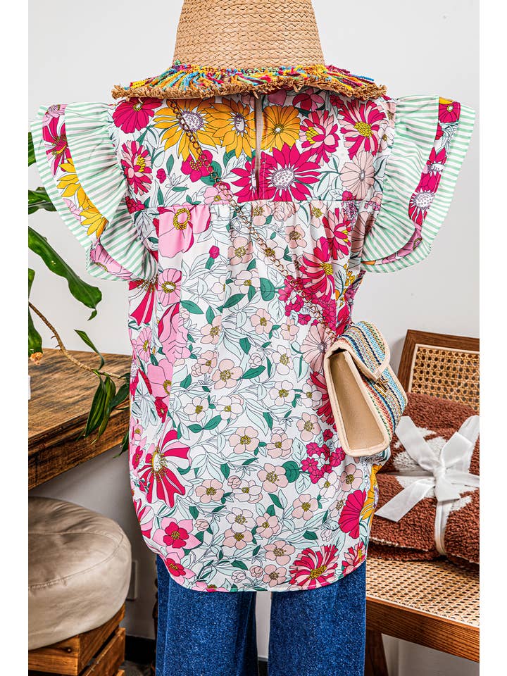 As shown Fashion-W Floral Contrast Ruffle Trim Short Sleeve Blouse for wholesale on Faire