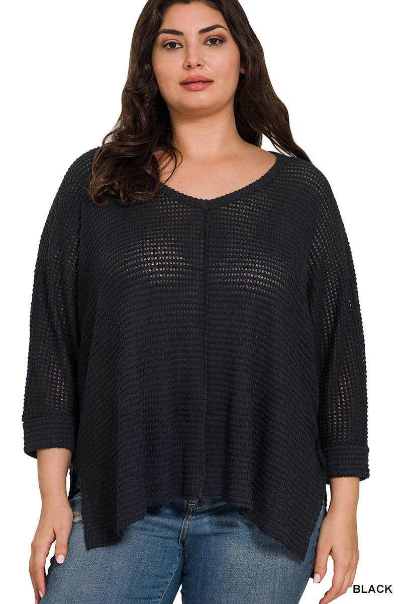 SCHWARZ-160583 „PLUS SIZE 3/4-ARM V-AUSSCHNITT HI-LOW SAUM JACQUARD SW“ für den Großhandel auf Faire2
