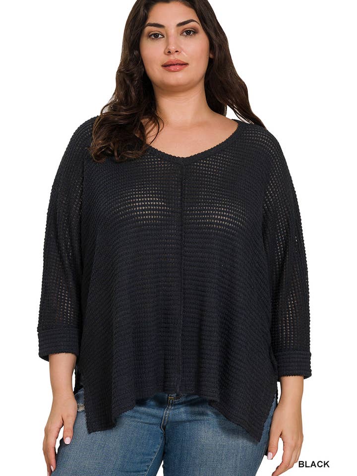 BLACK  ",,..PLUS SIZE 3/4 SLEEVE V-NECK HI-LOW HEM JACQUARD SW for wholesale on Faire2