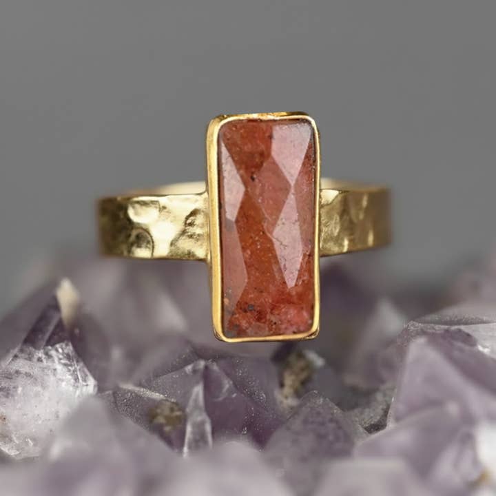 Strawberry Q Rectangle Ring on a Hand Hammered Golden Band for wholesale by KBD Studio