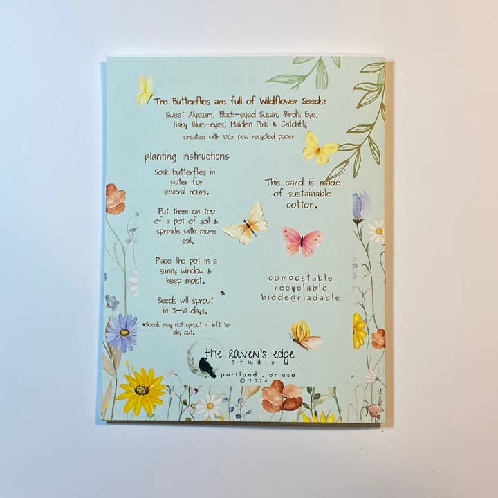 The Raven’s Edge Studio - Vendita all'ingrosso Biglietti "Ti penso" - Carta piantabile | Farfalle | Carta ecologica | Thinking of You