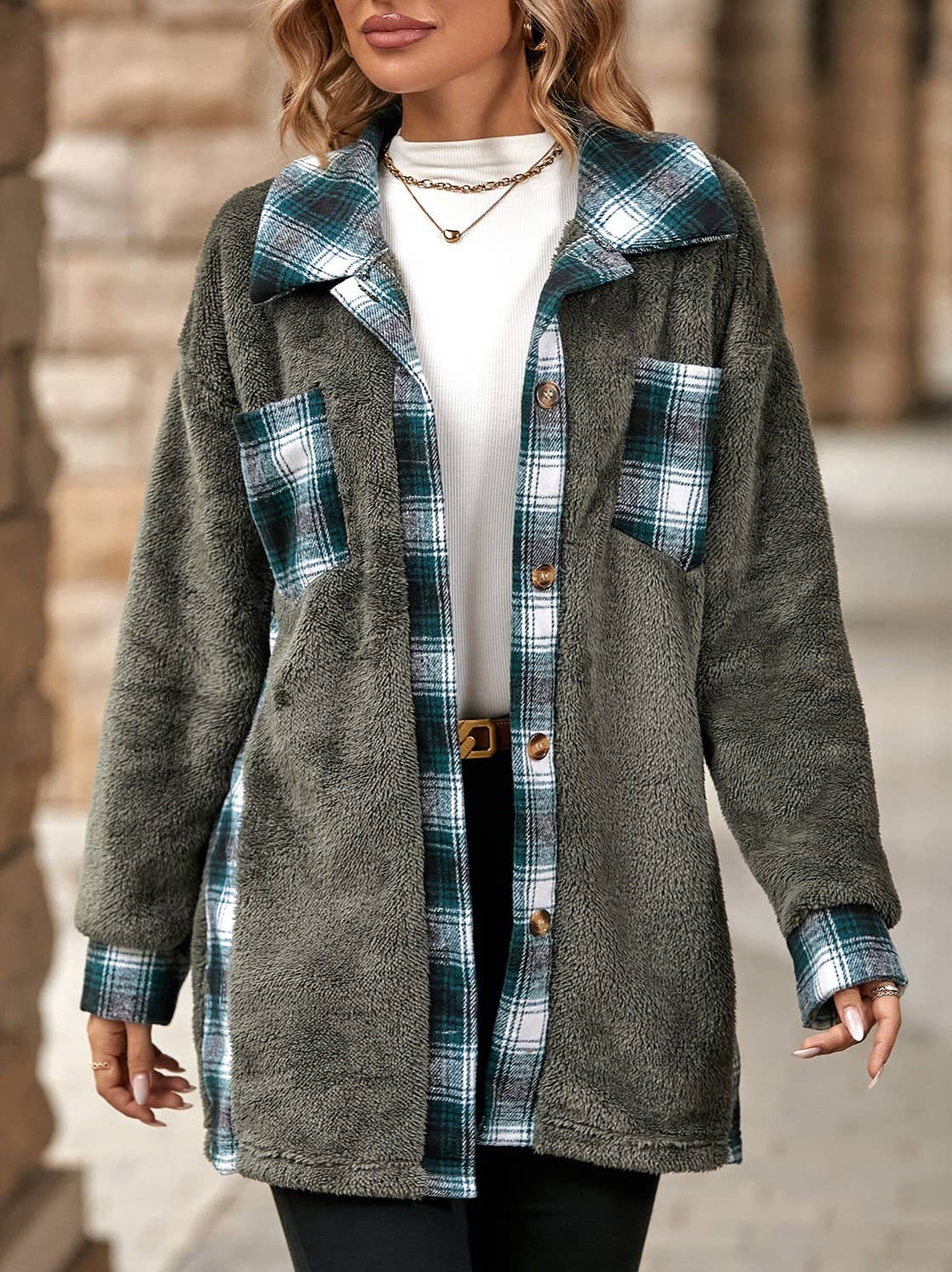 Rosa Clothing - Wholesale Fur/Faux Fur Coat - Women's - Single-Breasted Lapel Plaid Midi Plush Coat6