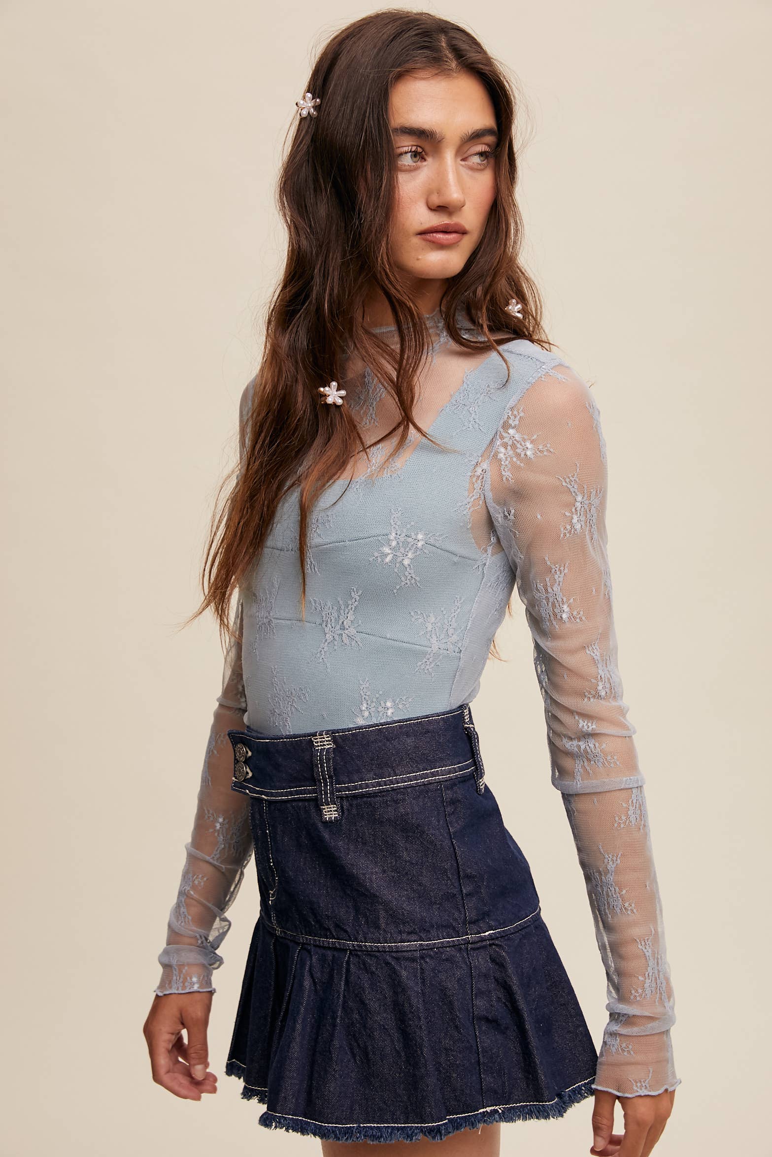 Listicle - Wholesale Blouse - Women's - Sheer Lace Long-Sleeve Top107