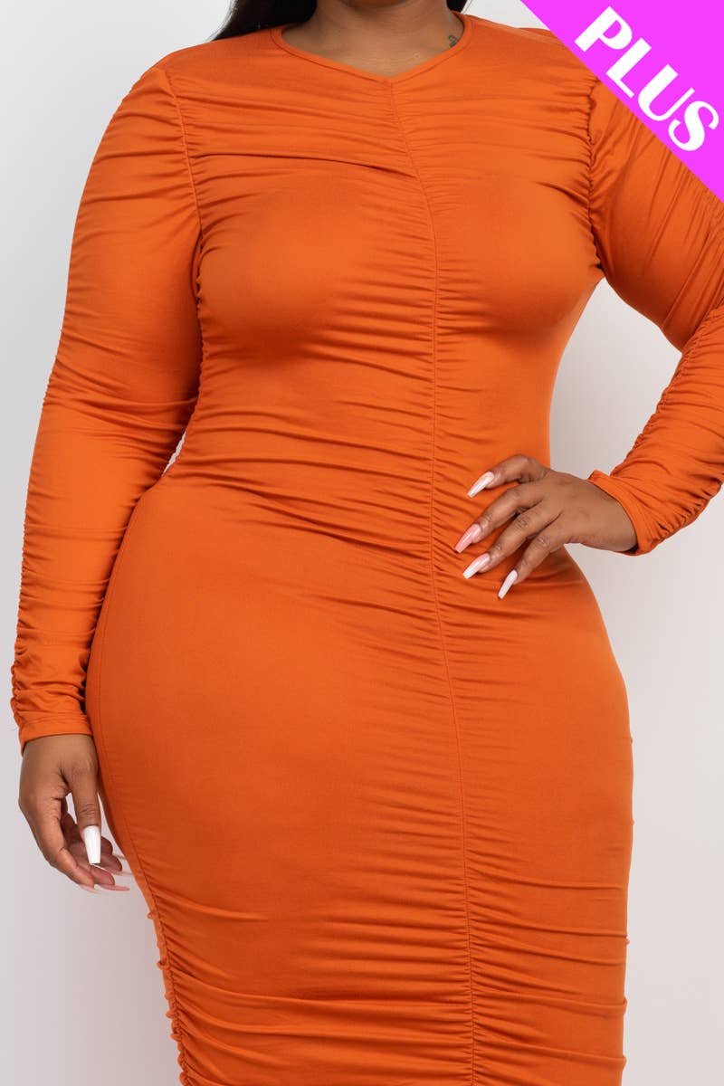 CAPELLA APPAREL - Wholesale Dress - Women's - Plus Size Ruched Long Sleeve Midi Dress8