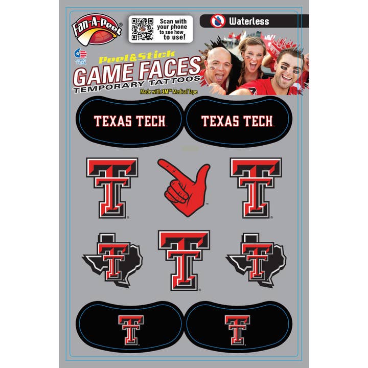 Temporäre Tattoos von Texas Tech Game Faces® für den Großhandel von Fanapeel / Gamefaces