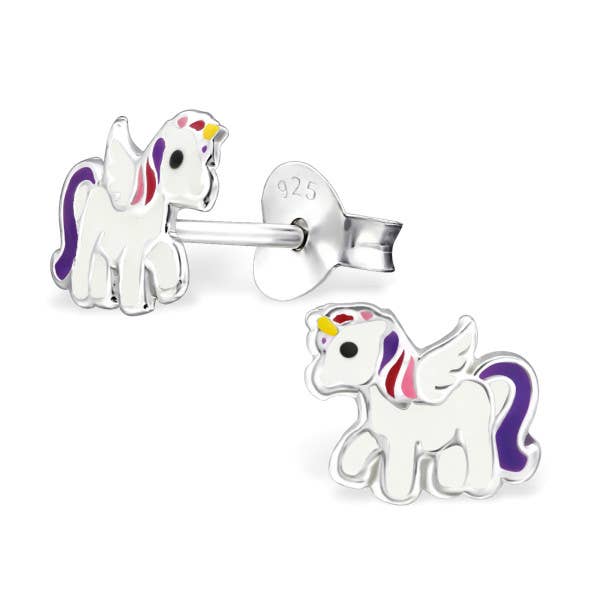 Mini unicorn stud earrings, 925 silver, e-coated for wholesale by Janusch