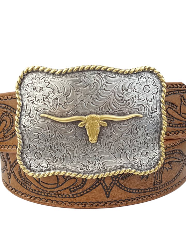 Western Long Horn Buckle w. matching tooled belt for wholesale by Axesoria West