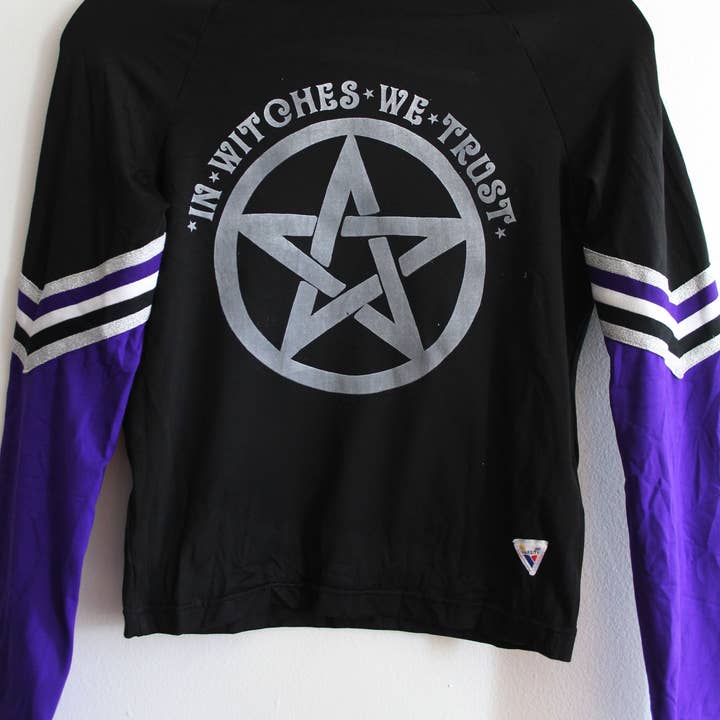 In Witches We Trust Up-Cycled Cheerleading Jacket for wholesale by Midge Blitz