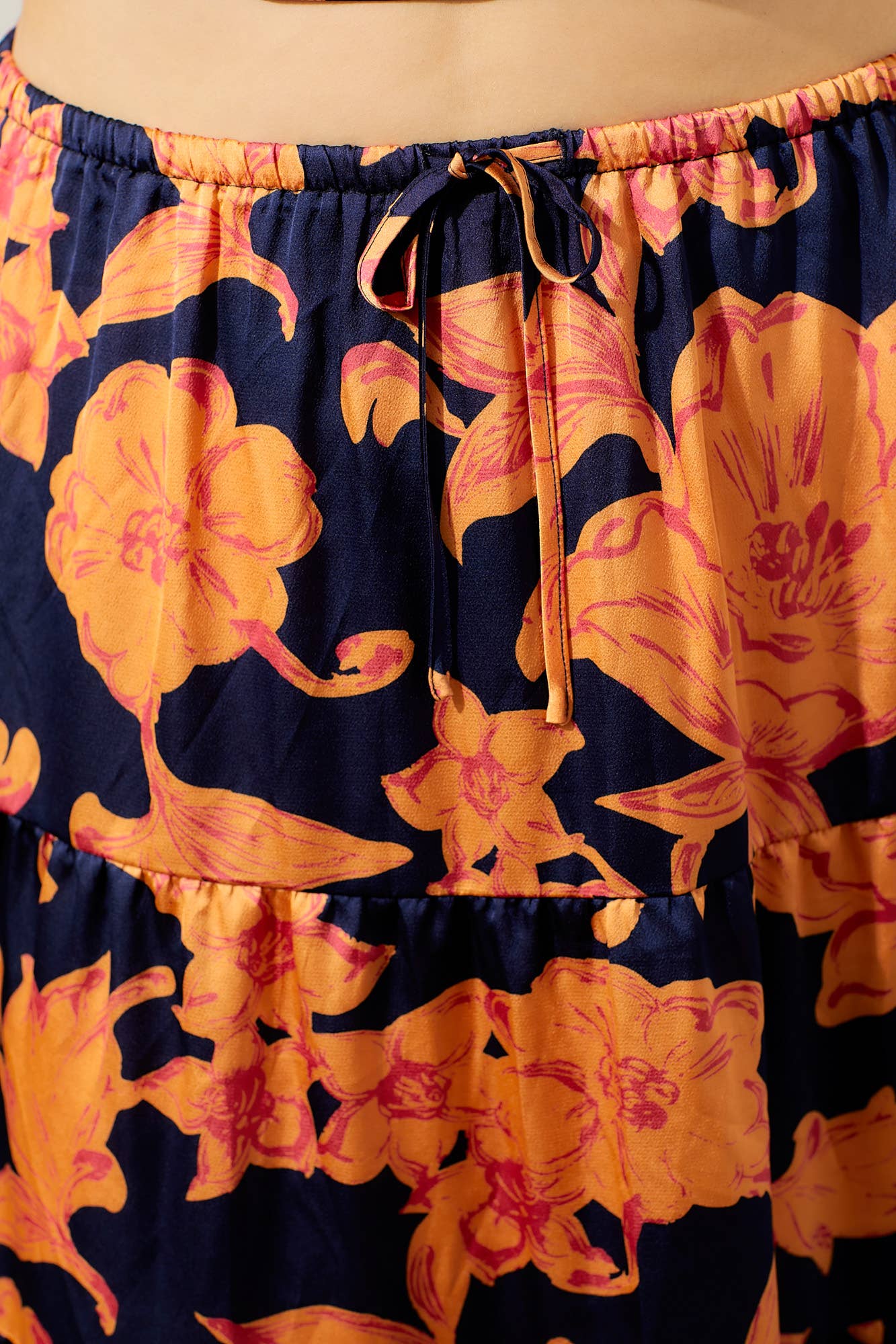 NAVY MULTI SATIN TIERED MAXI SKIRT for wholesale on Faire1