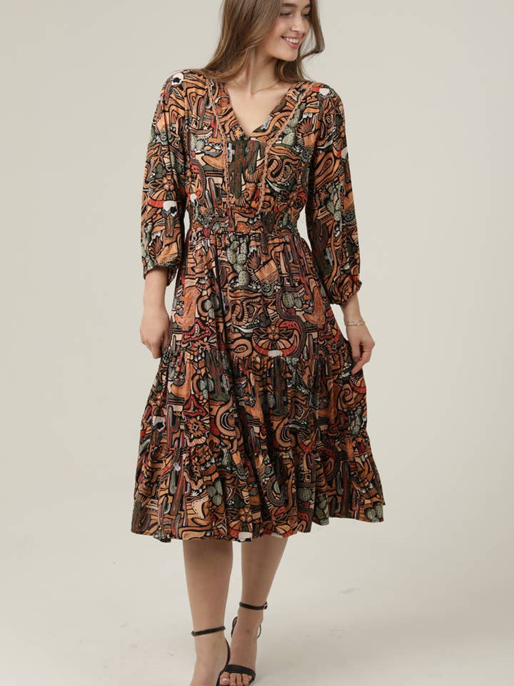 E1T56-WA75 Robe midi col en V à imprimé cactus avec taille élastique pour la vente par Nostalgia