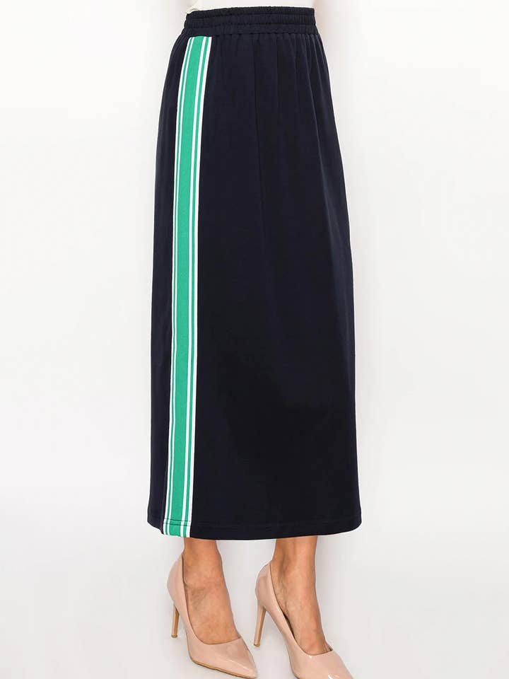 Jupe en coton stretch à rayures bleu marine pour la vente par Yal New York