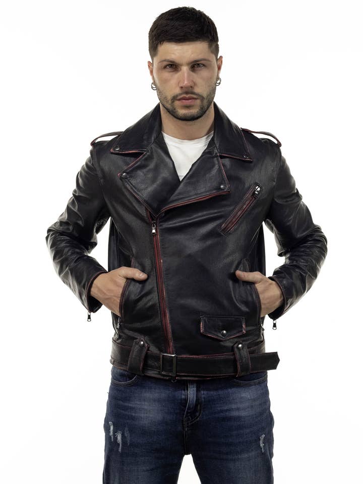 Chiodo Tre Pockets - Cuir véritable déchiré Chiodo Uomo Rosso pour la vente par Michelangelo srls