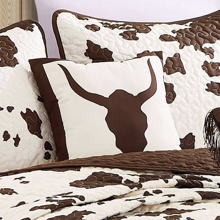 Linen Mart - Wholesale Quilt - Rustic Cowhide Brown Cow Skull Quilt Set - 5 Piece Set