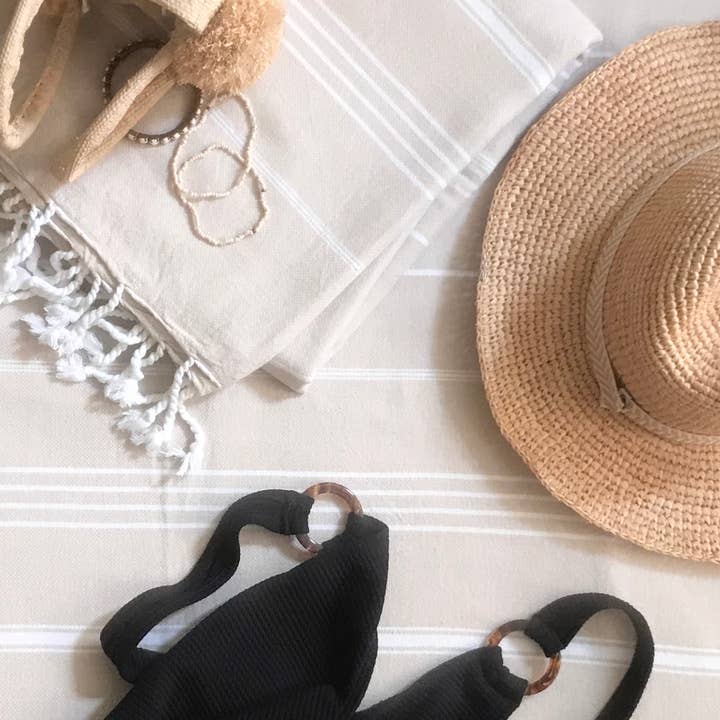 Tan - White Matching Turkish Towels for wholesale by TranquilUSA