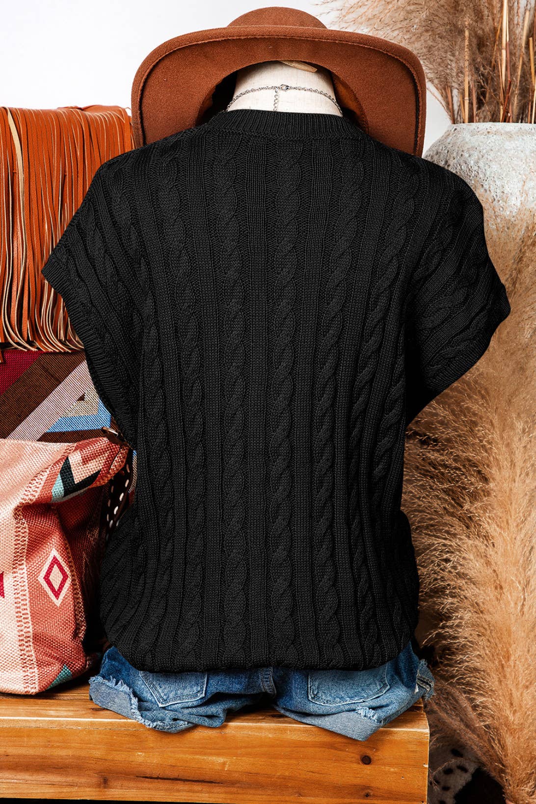 fashionworks - Wholesale Knit Sweater - Women's - Fashion-W Crew Neck Cable Knit Short Sleeve Sweater*S-2XL5