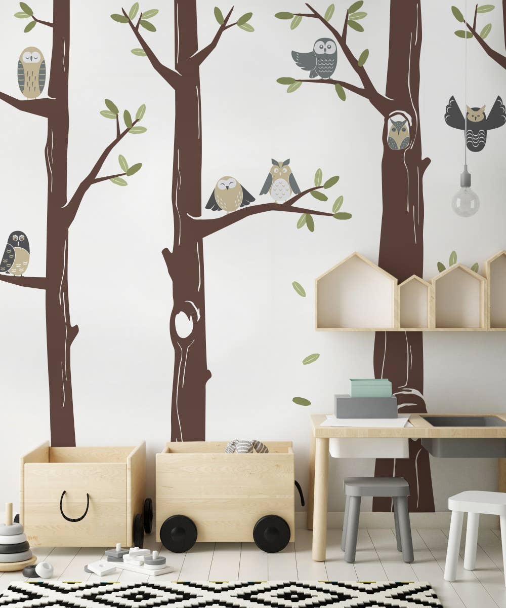 Simple Shapes - Wholesale Wall Decal/Stickers - Friendly Forest Owls with Trees Wall Decal0