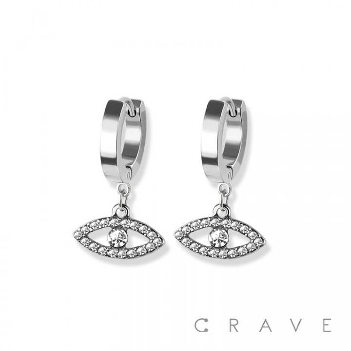 CRAVE BODY JEWELRY - Venta al por mayor Pendientes de aro pequeños - PAR DE PENDIENTES TIPO HUGGIE/ARO CON COLGANTE DE OJO MALIGNO PAVIMENTADO CON CIRCONITA CÚBICA3