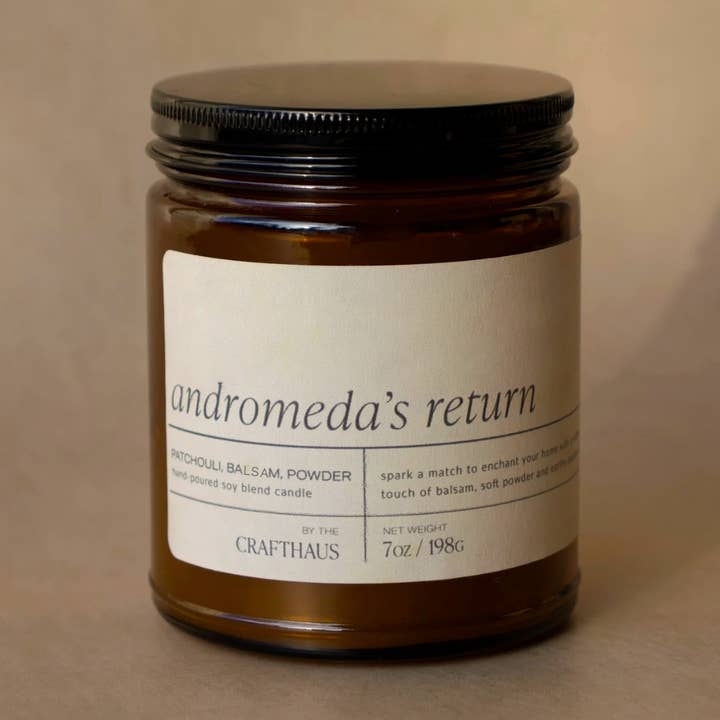 Andromeda's Return - 7 oz. Amber Glass Soy Candle for wholesale by The Crafthaus