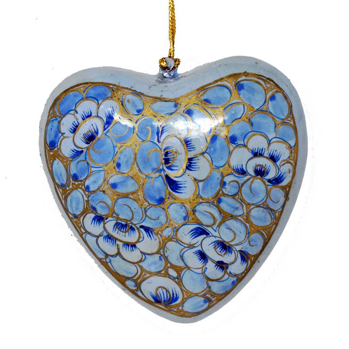 Fair to Trade Ltd - Wholesale Ornament Set - Hand painted papier-mâché Blue Christmas heart baubles2