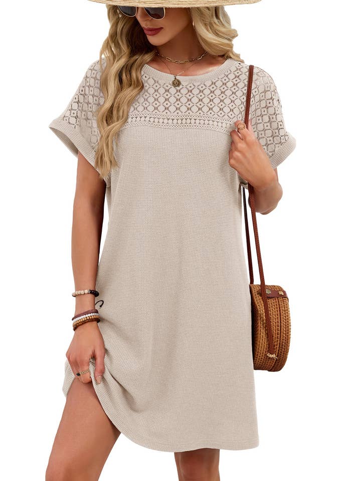 Vestido de Verão Casual Solto com Renda e Patchwork de Manga Curta por atacado de Lovesoft