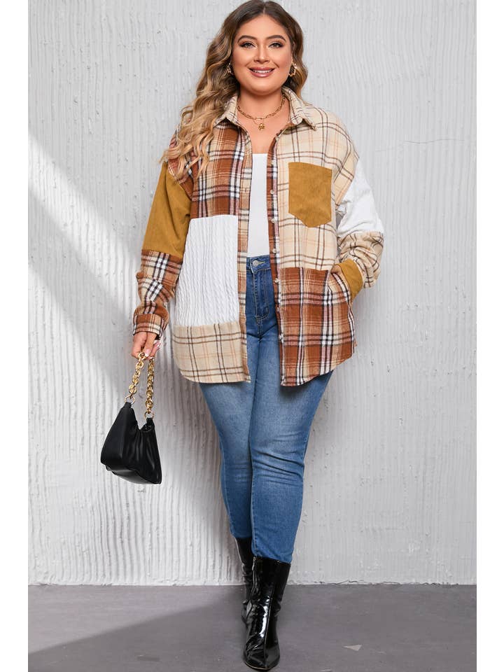 Orange Plaid Color Block Patchwork Corduroy Jacket(S-2XL) for wholesale on Faire