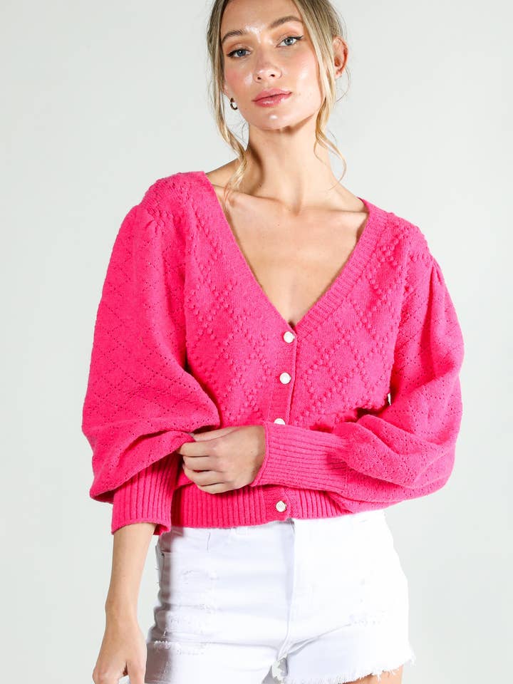 V-ringad kofta med ballongärmar och textur VT81642- för wholesale av Vine & Love