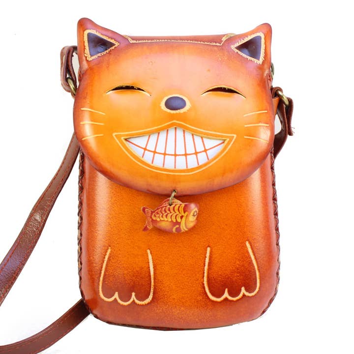 Leather Happy Cat Pouch Rectangle Pouse Crossbody Bag for wholesale by Sunflower Handmade leather inc