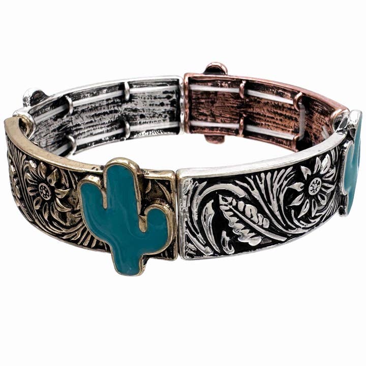 Turquoise Cactus Western Flower Metal Bracelet for wholesale by Lunar Deer