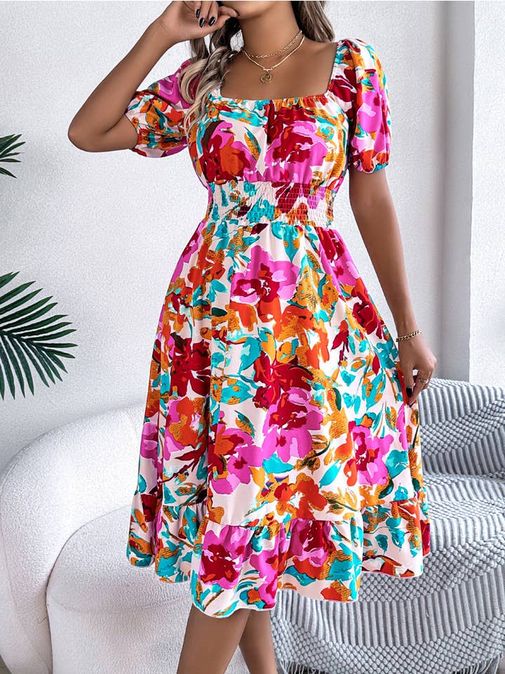 Wholesalesir - Wholesale Dress - Women's - Flower Square Neck Short Sleeved Dress