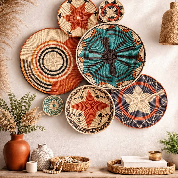 Ensemble de décor mural en paniers tissés à la main, bohème sud-ouest africain, pour la vente par Waasiwolves