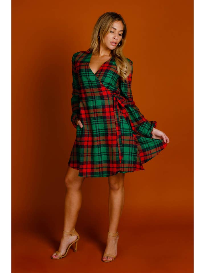Shinesty, Inc - Wholesale Dress - Women's - Wrap Dress | The Lincoln Log Love Lady/Plaid Christmas