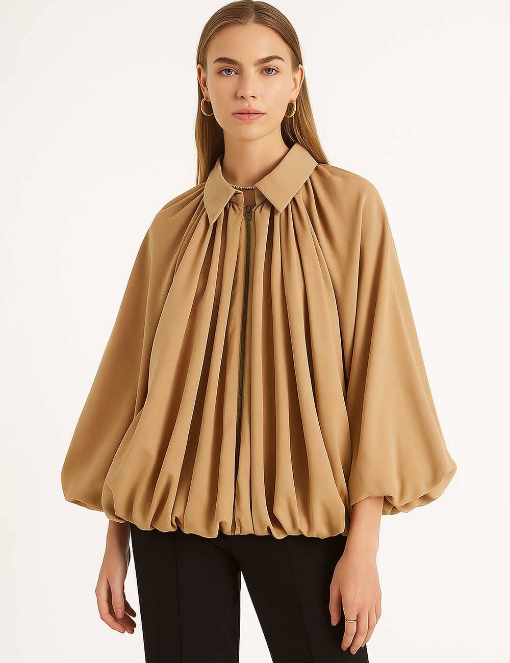 Sweetkama - Wholesale Jacket - Women's - Ladies Balloon Hem Bomber Jacket Zip Up Long Sleeves Coat5