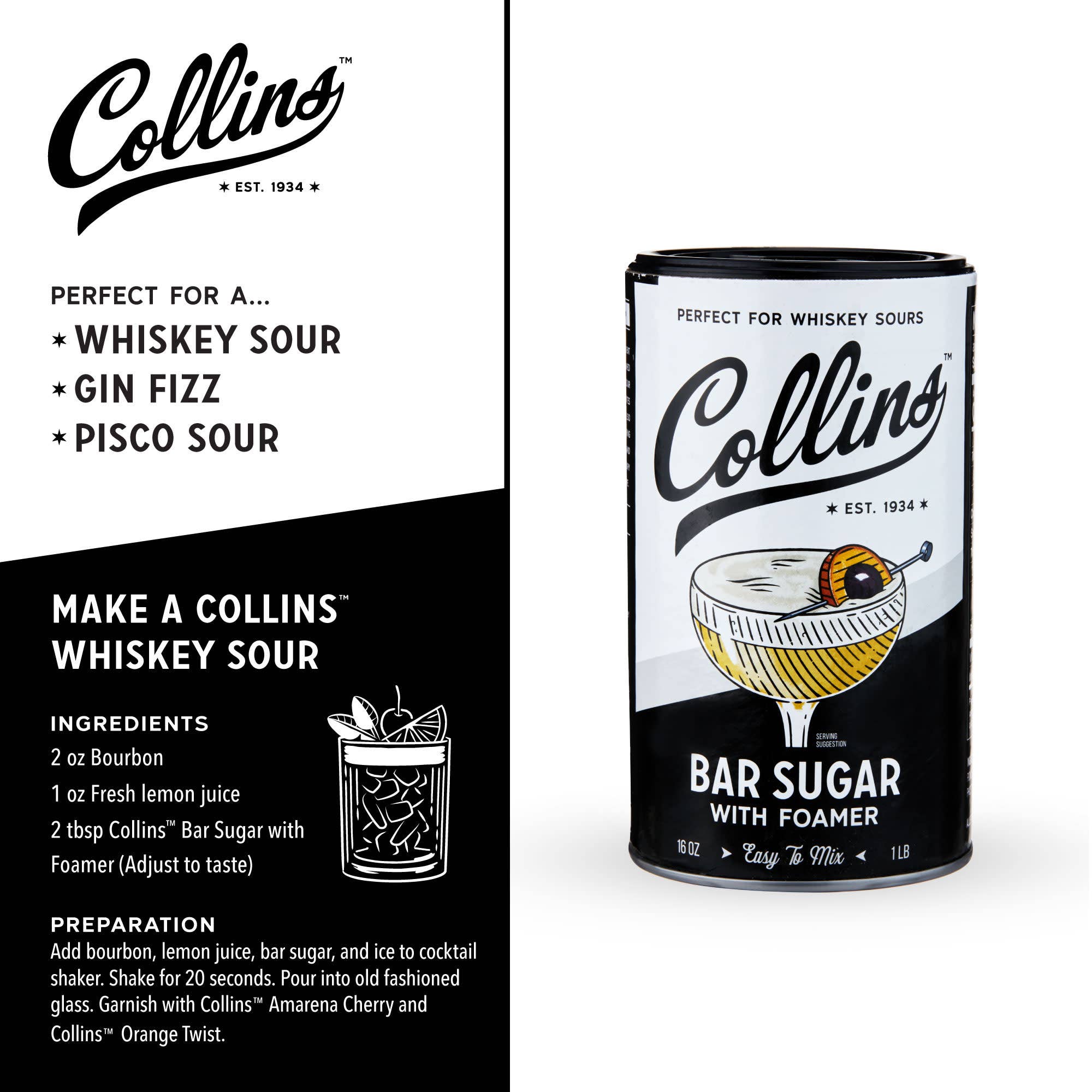Collins - Wholesale Cocktail Mix/Syrup - Bar Sugar with Egg White Style Foaming Agent 16 oz2