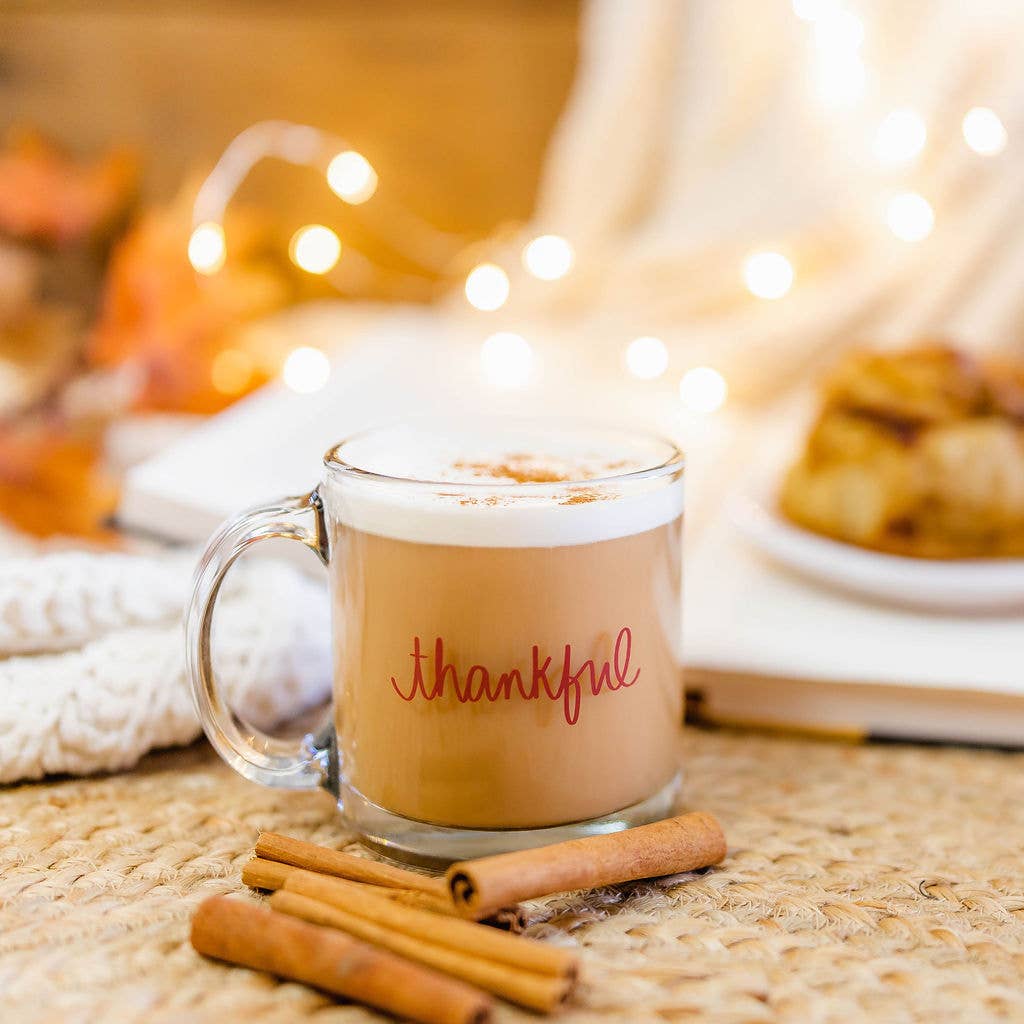 Rudie Jo - Wholesale Coffee Mug - Thankful Clear Glass Mug 12 oz.
