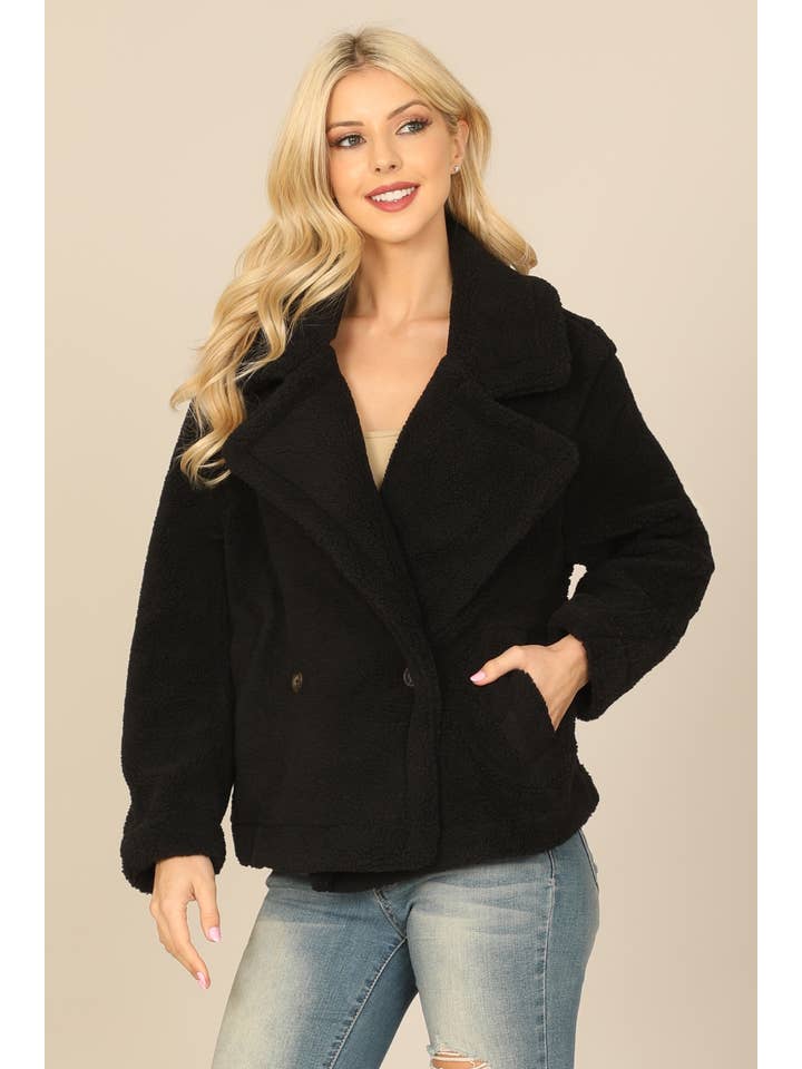 Black Collared Side Pocket Fleece Jacket for wholesale on Faire2