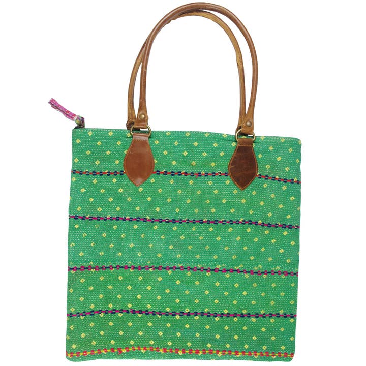 Bolso de mano Kantha Vintage, color verde para venta al por mayor de Kantha Decor