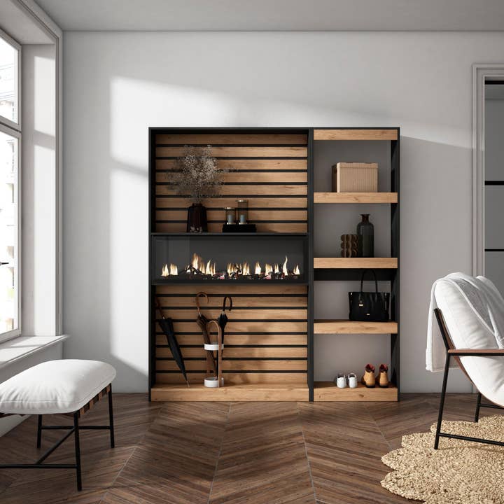 Skraut Home - Venta al por mayor Estanterías - Librería estantería | Estanteria libros de pared | 170x186x25cm | Salón - Comedor - Oficina | Chimenea eléctrica | Estilo Moderno | Roble y negro