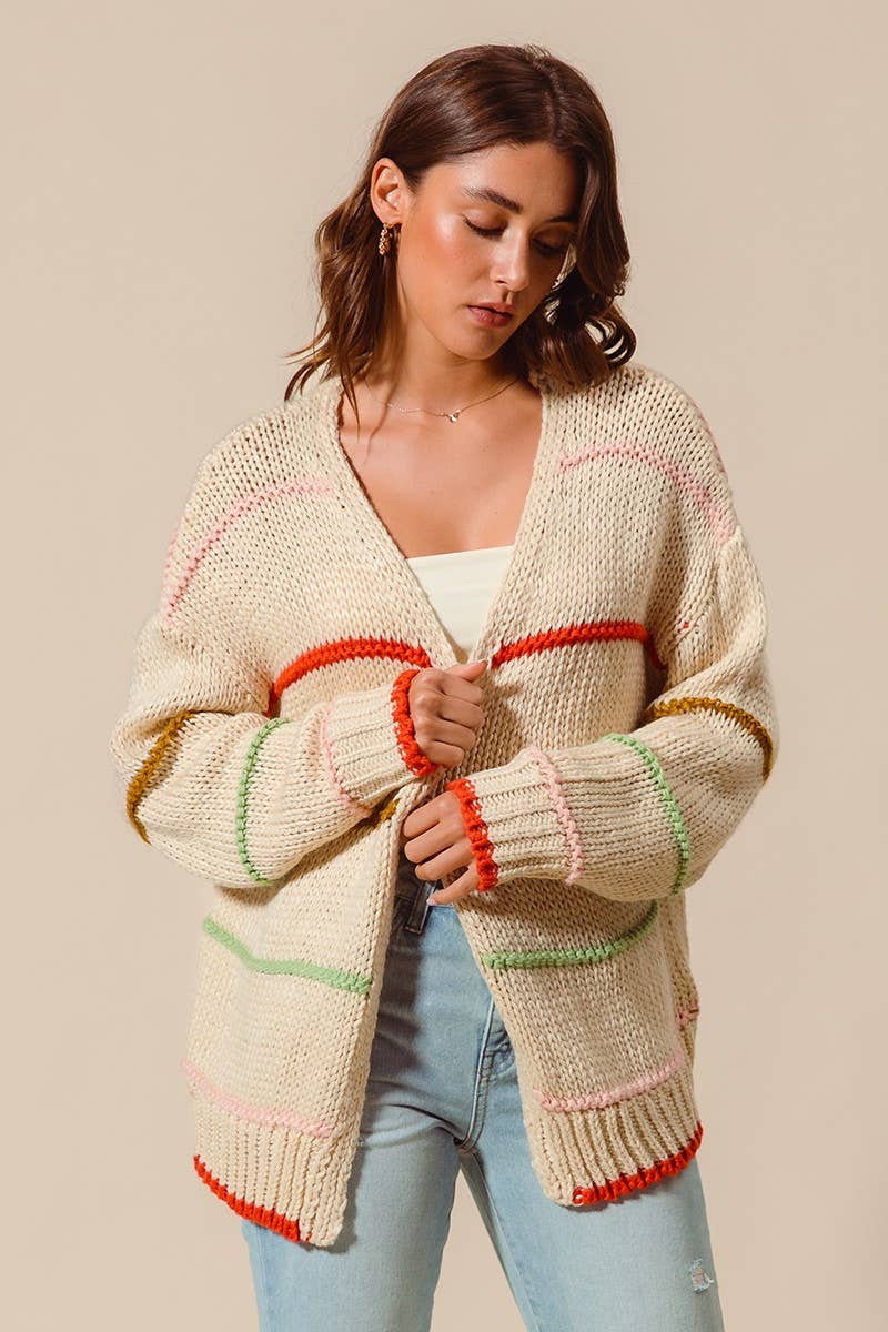 OATMEAL Loose Fit Multi Stripe Open Front Cardigan for wholesale on Faire1