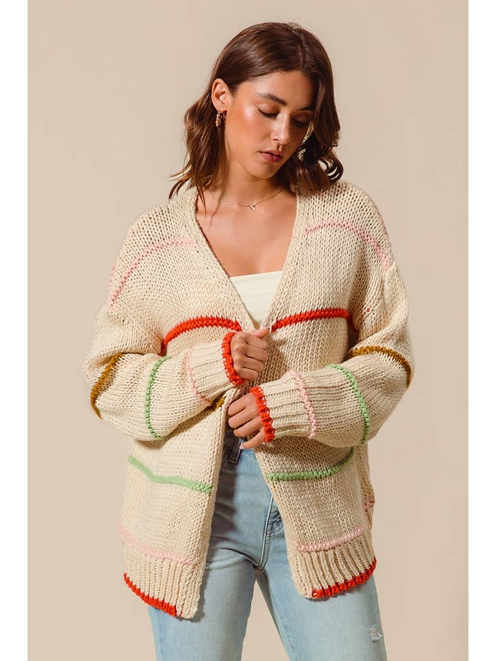 OATMEAL Loose Fit Multi Stripe Open Front Cardigan for wholesale on Faire1