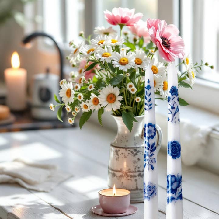 Blue Vintage Floral Taper Candles for Decor and Gifts for wholesale by Designs by Michaela