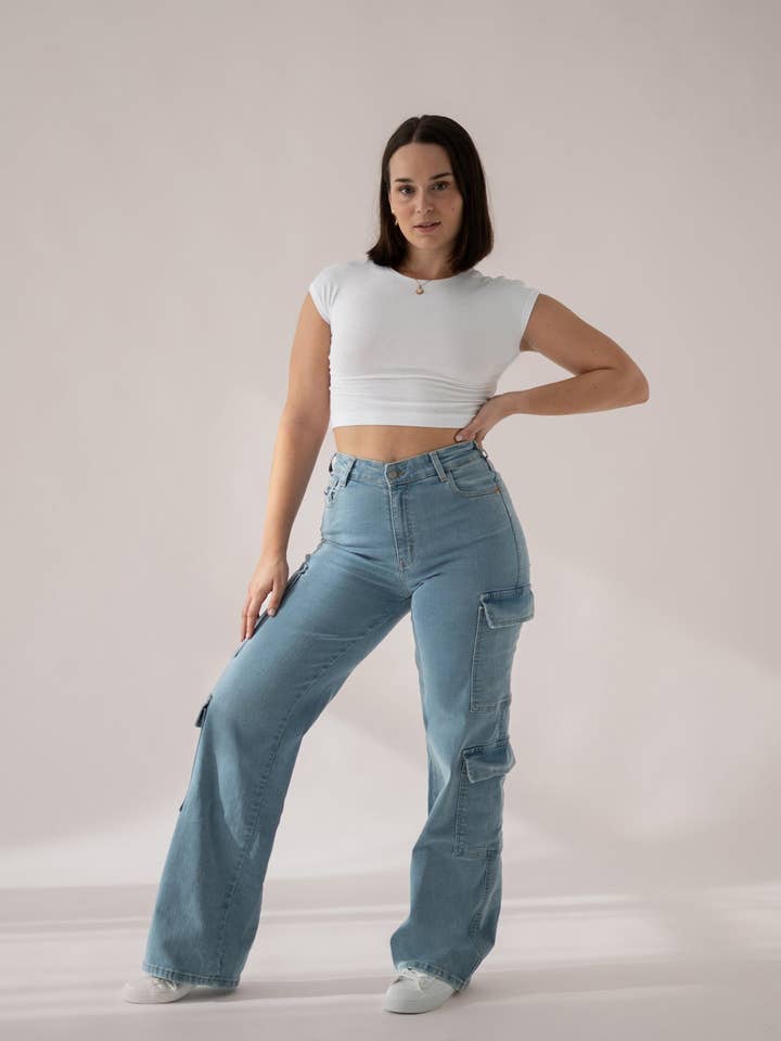 CARGO HIGH RISE - LIGHT BLUE for wholesale by Matcha Jeans