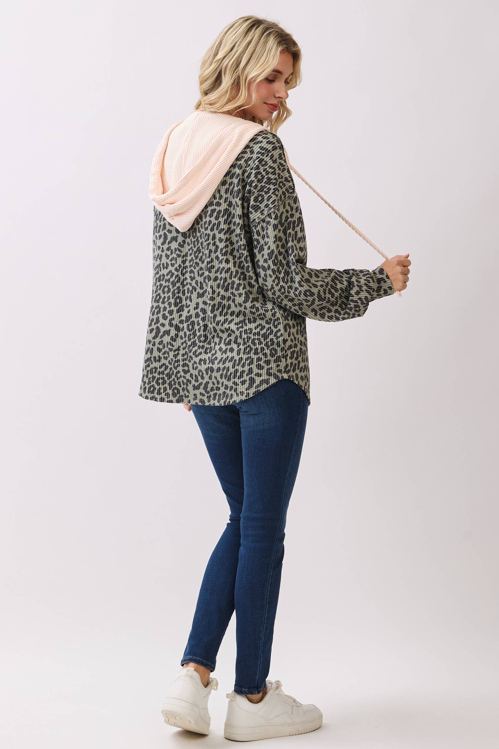 7th Ray - Wholesale Hoodie - Women's - Leopard Print Button Front Drawstring Hoodie T61159