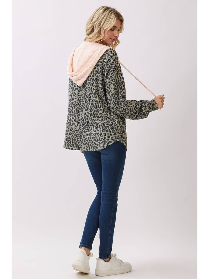 7th Ray - Wholesale Hoodie - Women's - Leopard Print Button Front Drawstring Hoodie T61159