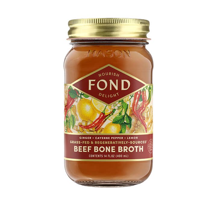Ginger & Cayenne Grass-fed Beef Bone Broth 14oz for wholesale by Fond Regenerative