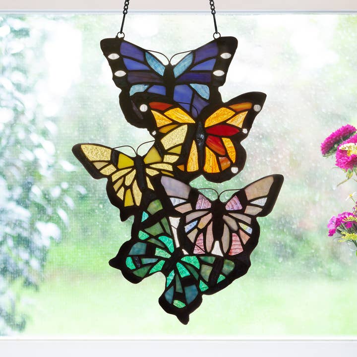13.25"H Butterfly Cluster Stained Glass Window Panel for wholesale by River of Goods