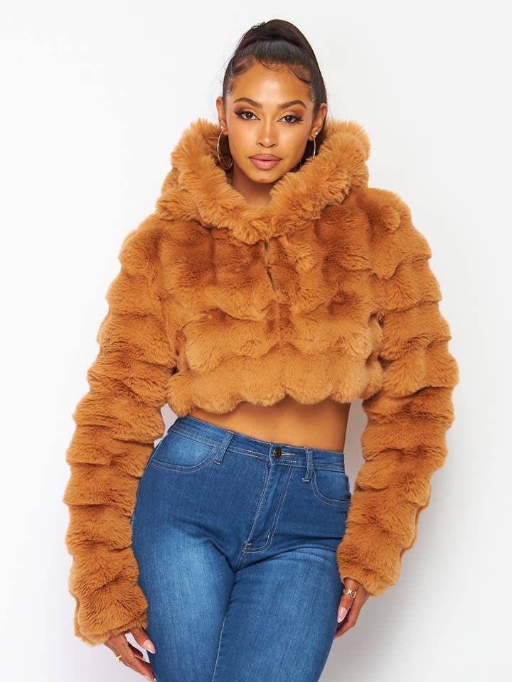 TAUPE Aria Soft Plush Faux Fur Hooded Crop Jacket (HDJ30768) for wholesale on Faire