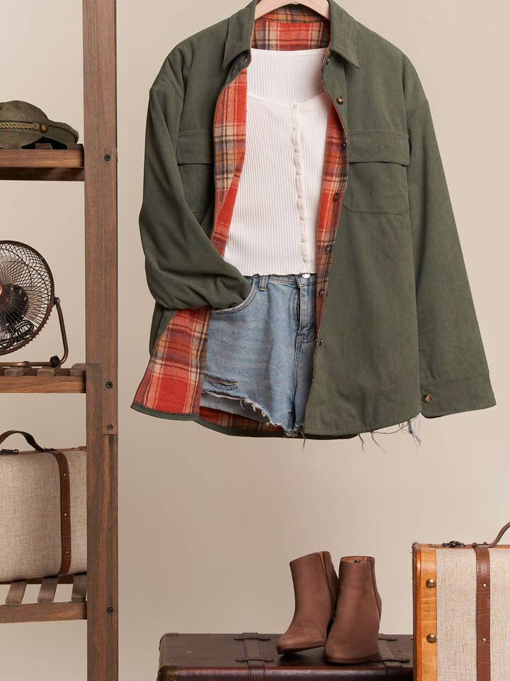 Mello. - Wholesale Button Down Shirt - Women's - Reversible Corduroy and Plaid Button Down Shirt