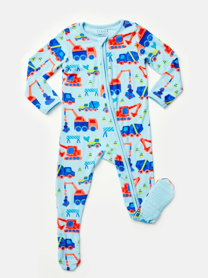 Soft & Stretchy Zipper Footie - Construction Blue for wholesale by Clover Baby & Kids