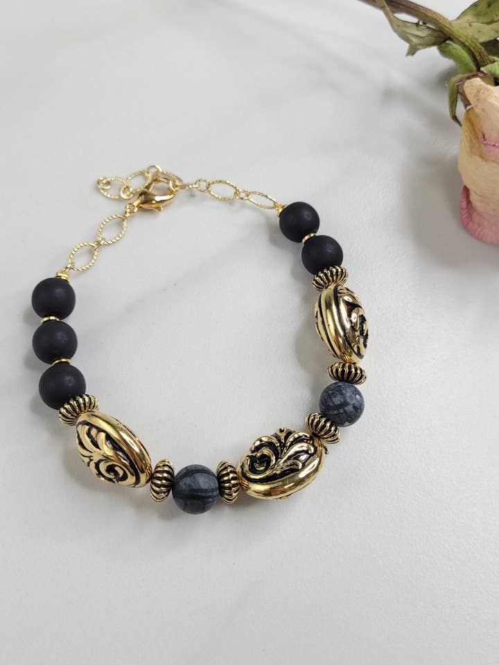 Devi Bracelet Handmade with Vintage Beads and Charcoal Picasso Jasper Stone Beads for wholesale by jfybrand